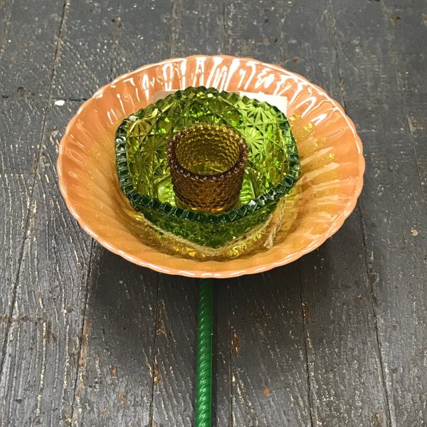 Depression Glass Garden Flower Small Peach Carnival Green Amber Center