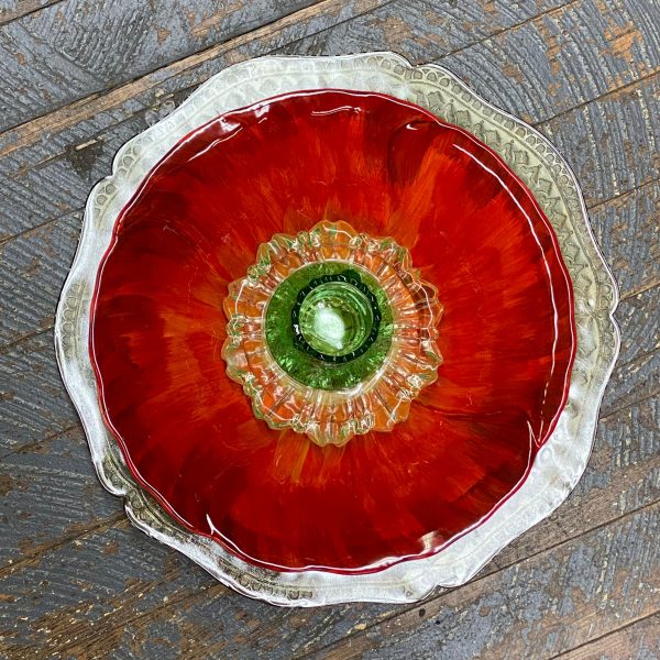 Glass Garden Flower Large Red Petal Plate Green Vase - Image 2