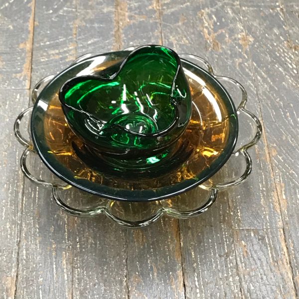 Depression Glass Garden Flower Large Egg Tray Amber Green Pinch Triangle